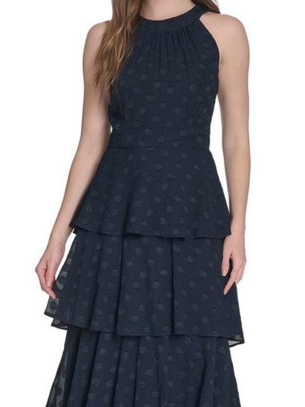 Tommy Hilfiger Navy Ruffle Textured Polka Dot Maxi Dress